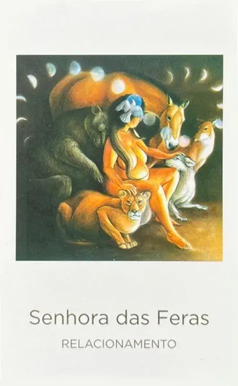 deusa senhora das feras nua com a m�o na cabe�a de uma leoa e a outra m�o na cabe�a de um lobo, um cavalo, um veado e um urso est�o pertos dela tamb�m