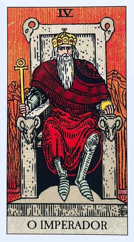 a carta o imperador sentado em seu trono com um manto vermelho por cima de sua armadura, segurando em uma m�o um Cetro e na outra um Orbe