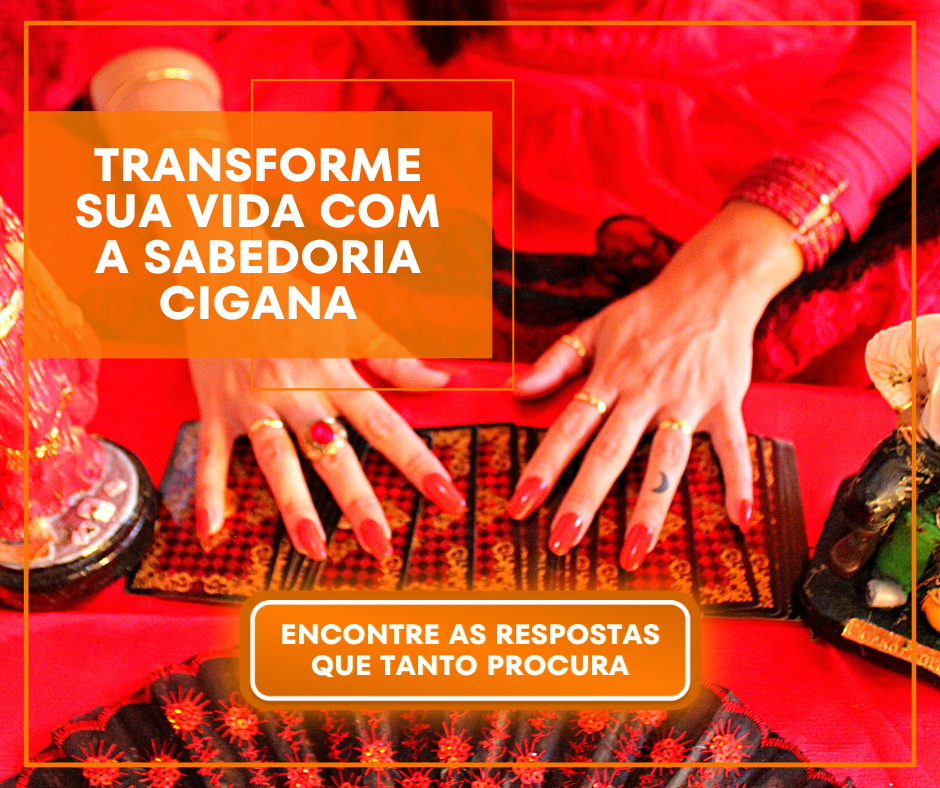Uma cigana de unhas vermelhas e roupa vermelha jogando cartas de baralho cigano.