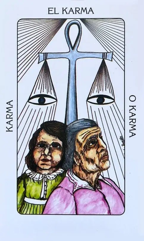 um homem e uma mulher encostados na cruz ansata que esta em baixo de raios celestiais e na balan�a vemos em sua ponta um par de olhos.