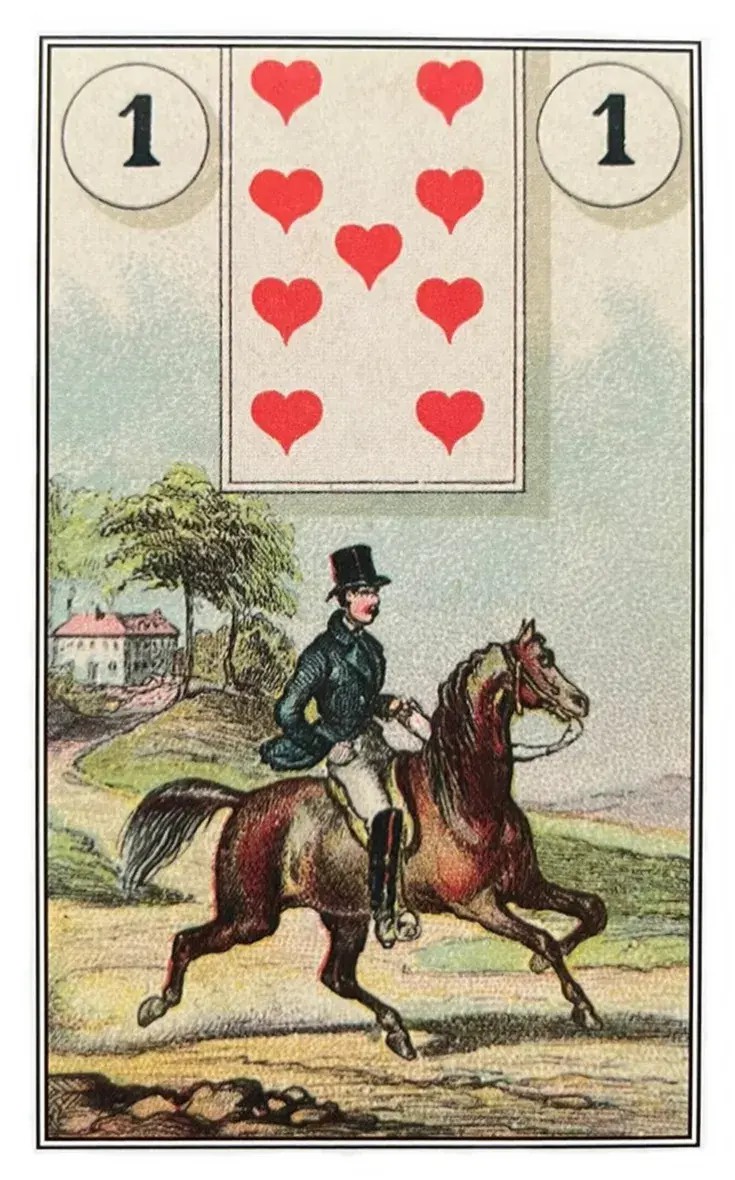 uma carta do baralho cigano que mostra a imagem de um cavaleiro em cima de um cavalo em uma paisagem que tem uma casa no fundo, uma arvore com o tronco fino e um caminho de terra batida.