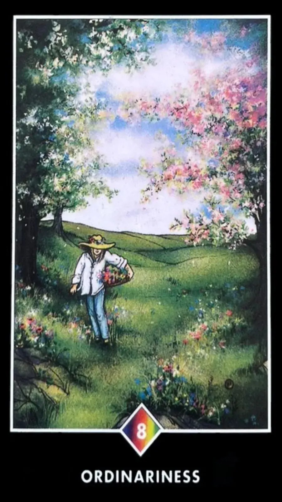 um homem do campo com um chapeu de palha e uma camisa branca andando por uma pequena estrada de grama com arvores floridas em volta.