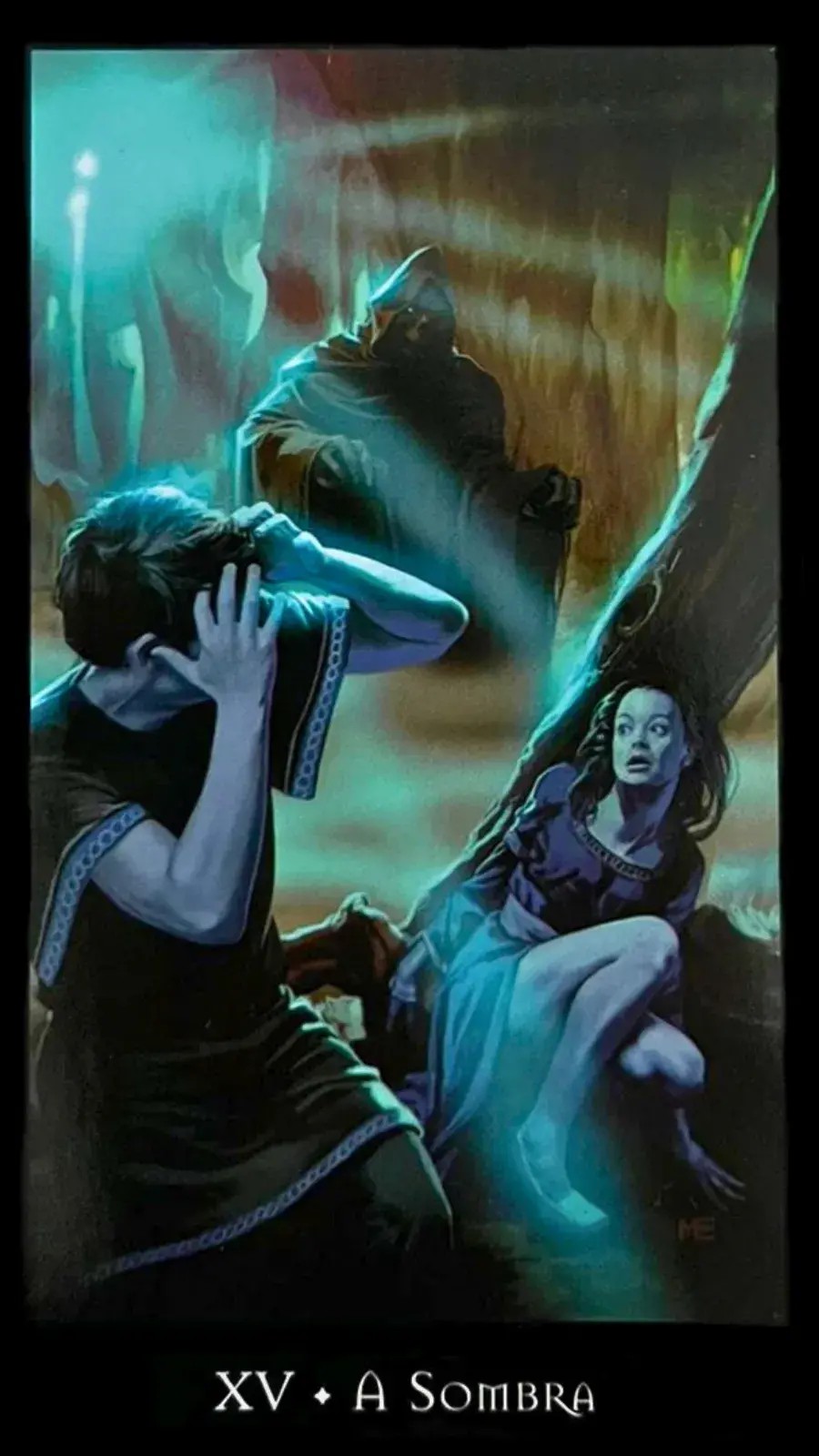 Carta do tarot das bruxas que mostra um casal com medo em um bosque onde no fundo tem uma imagem sombria que esta de preto e causando muito medo.