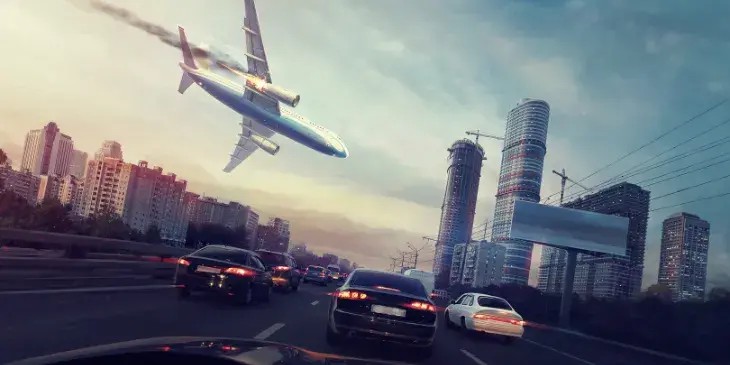 um aviao grande e branco caindo em uma monte cheia de carros