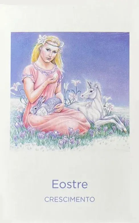 deusa eostre, uma mulher loira sentada na grama com um coelho e um filhote de cavalo branco ao seu lado.