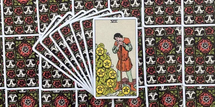 um jovem parado diante de uma vinha carregada de sete grandes pent�culos dourados, representando os frutos de seu trabalho �rduo. Seu olhar contemplativo, fixo nos ouros, sugere um momento de reflex�o sobre o que foi conquistado.