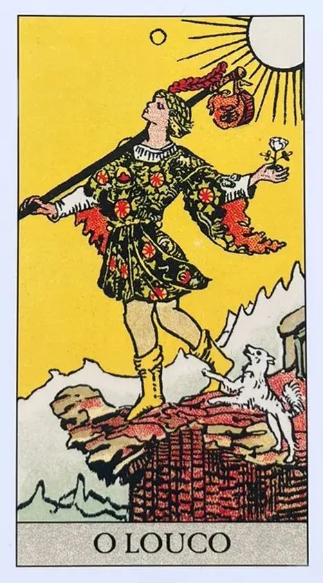 carta o louco do tarot que mostra um homem na beira de um penhasco com um cachorro branco ao seu lado